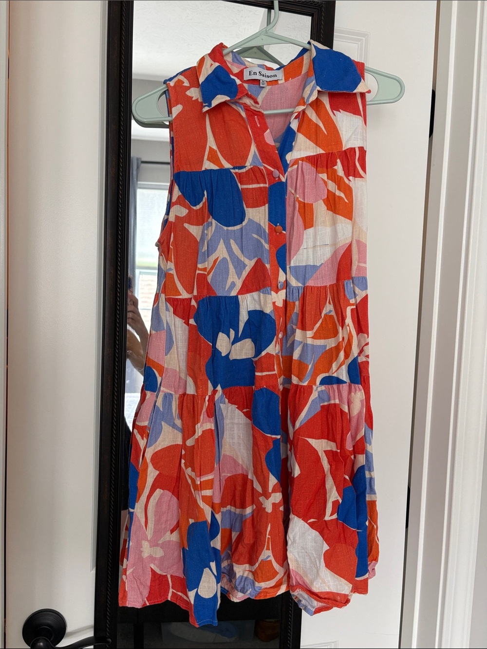 En Saison Cotton-Linen Multicolor Floral Tiered Dress - Blue, Red & Pink Print